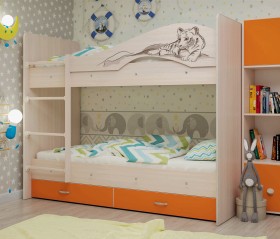 Кровать Мая-Сафари двухъярусная с ящикамиМлечный дуб/Оранжевый в Омске - omsk.katalogmebeli.com | фото