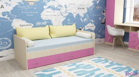 Кровать с выкатными ящиками Дуб Молочный/Розовый в Омске - omsk.katalogmebeli.com | фото