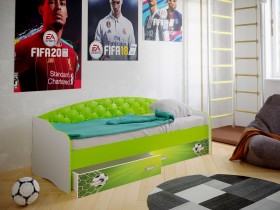 Кровать Софа-8 с мягкой спинкой фотопечать Футбол (900х1900) Белый/Лайм в Омске - omsk.katalogmebeli.com | фото